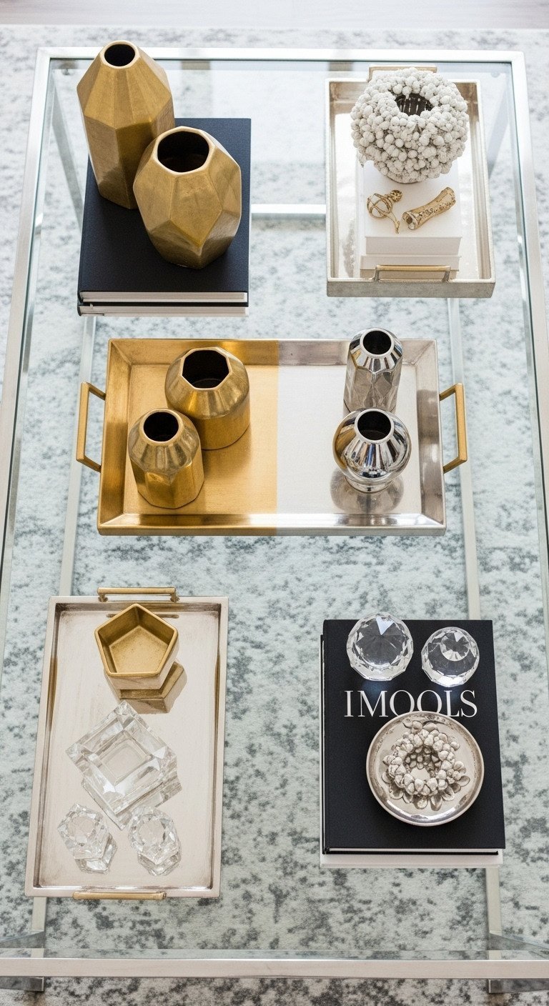 Glam Coffee Table: Smart Styling Tips for a Luxurious Home 9 Clear glass coffee table, contrasting gold and silver accents. Gold vases, silver trays, black/white books, crystal decor.