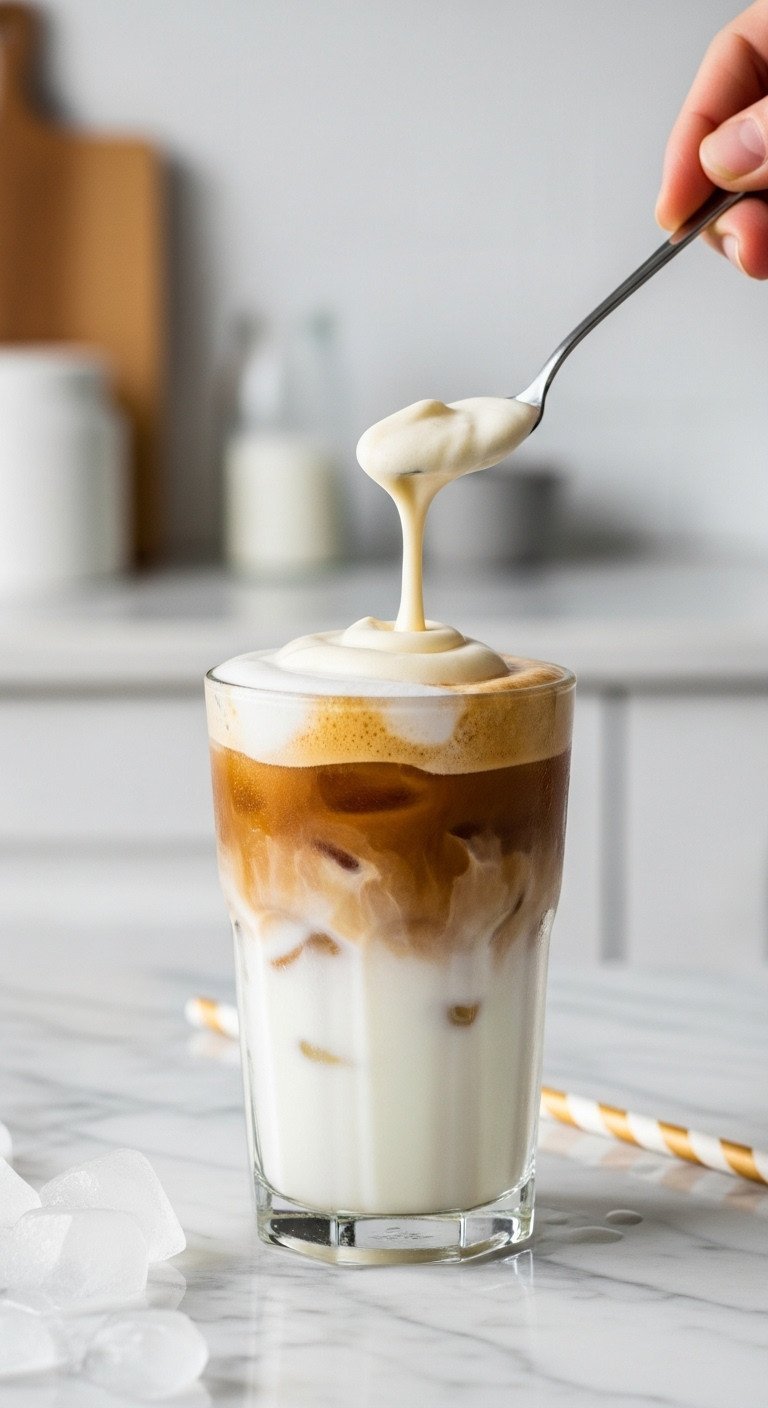 Dalgona Coffee Tested Recipe Science And Troubleshooting 9 Clear glass of layered Dalgona coffee with ice, cold milk, and thick caramel foam, condensation, straw on marble countertop.