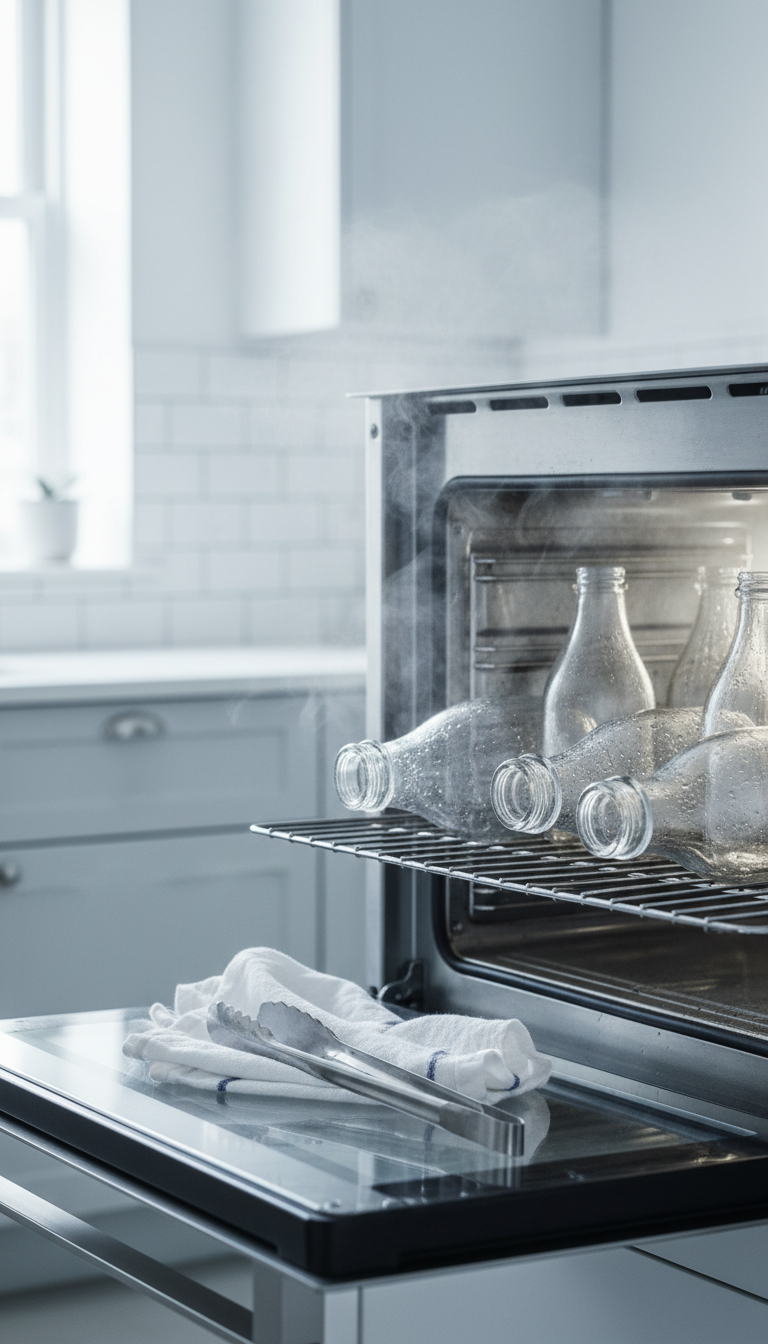 Homemade Shelf Stable Coffee Syrup Ultimate Guide No Refrigeration 3 Clear glass syrup bottles upside down on wire rack in steaming oven for kitchen sterilization, clean stainless steel setting.