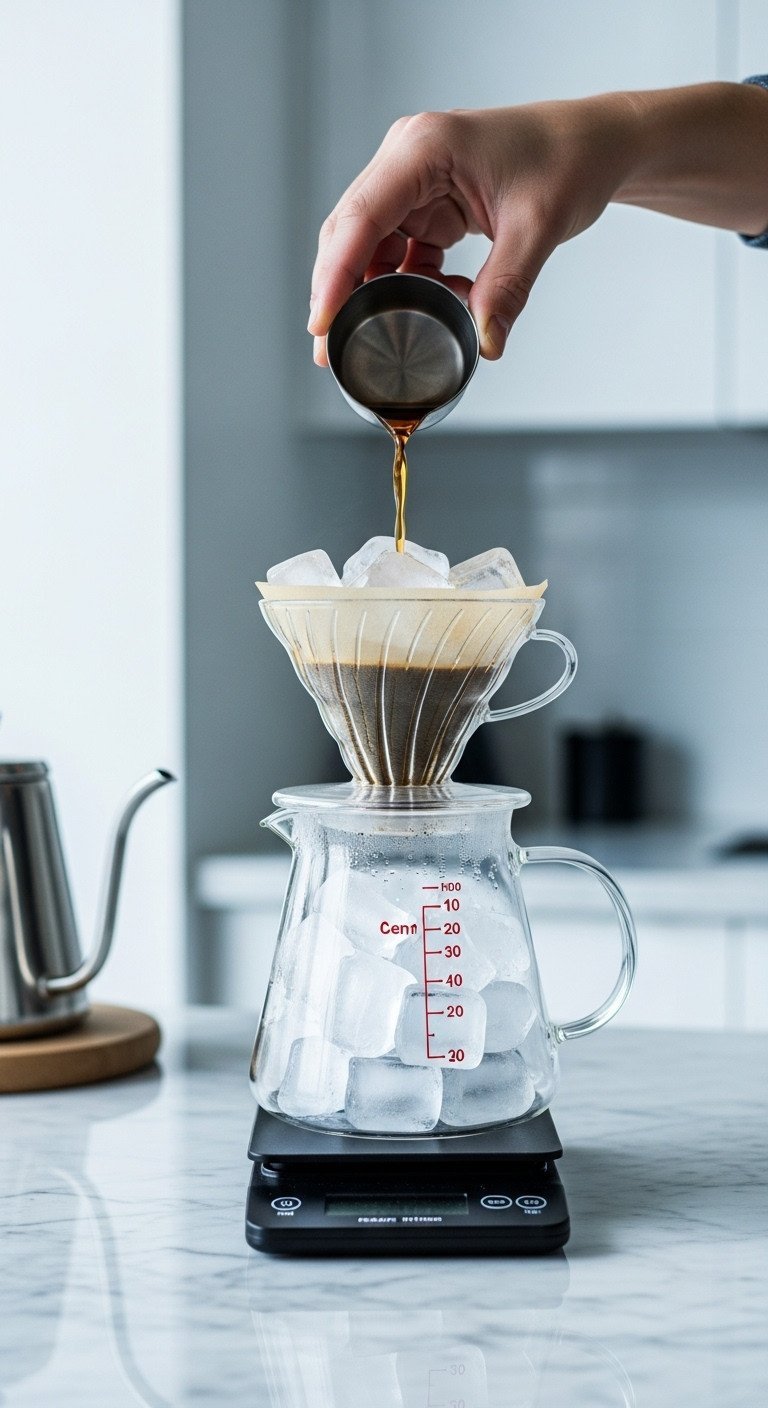 Clear ice cubes in a glass carafe with pour-over cone on marble counter. Preparing iced coffee with a gooseneck kettle.