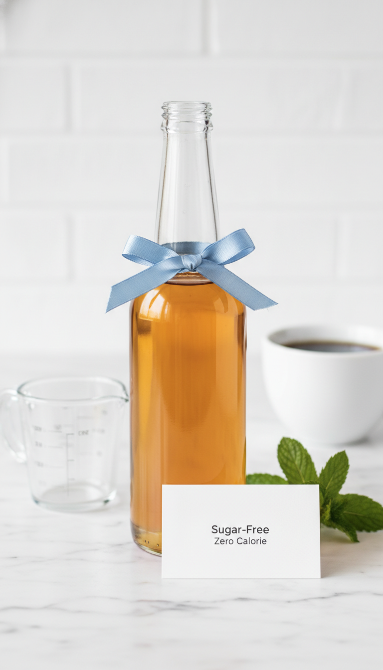 Homemade Coffee Syrup Gifts Easy Recipes & Ideas 11 Clear, light vanilla coffee syrup bottle, symbolizing sugar-free, with a ribbon and black coffee on white marble.