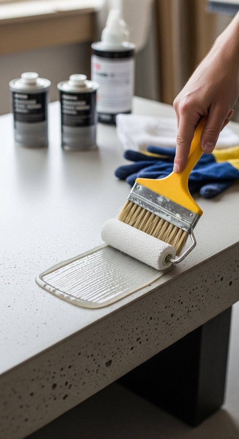Clear liquid sealant applied with roller to concrete coffee table, showcasing wet sheen contrast. Concrete protection and DIY sealing process.