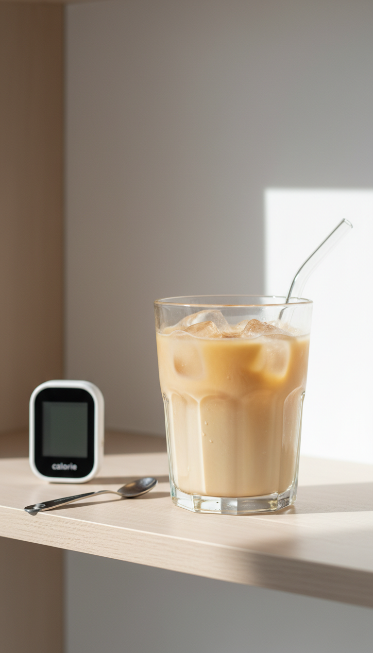 Clear, low-calorie iced coffee, lightly colored with minimal swirl, highlighting transparency, with calorie counter on a light shelf.