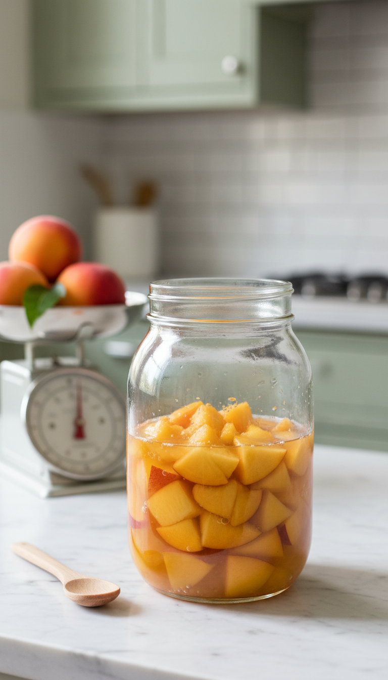 Easy Homemade Peach Coffee Syrup for Perfect Lattes 9 Clear mason jar with diced fresh peaches in simple syrup on a sunlit white marble kitchen counter. Easy no-cook syrup.