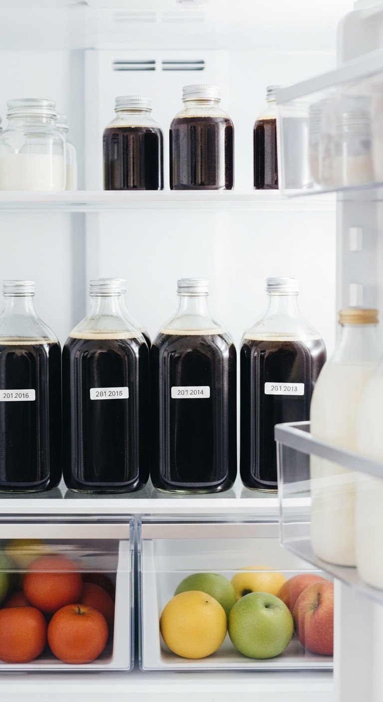 Cold Brew Coffee Master Guide To Smooth Low Acid Ratio Secrets 17 Clear, sealed glass bottles of dark cold brew concentrate stored on an organized refrigerator shelf, showing neat arrangement.