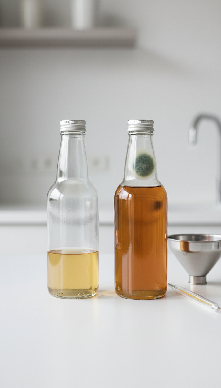 Homemade Shelf Stable Coffee Syrup Ultimate Guide No Refrigeration 11 Clear sealed syrup bottle next to one with mold, demonstrating syrup spoilage prevention on a white counter.