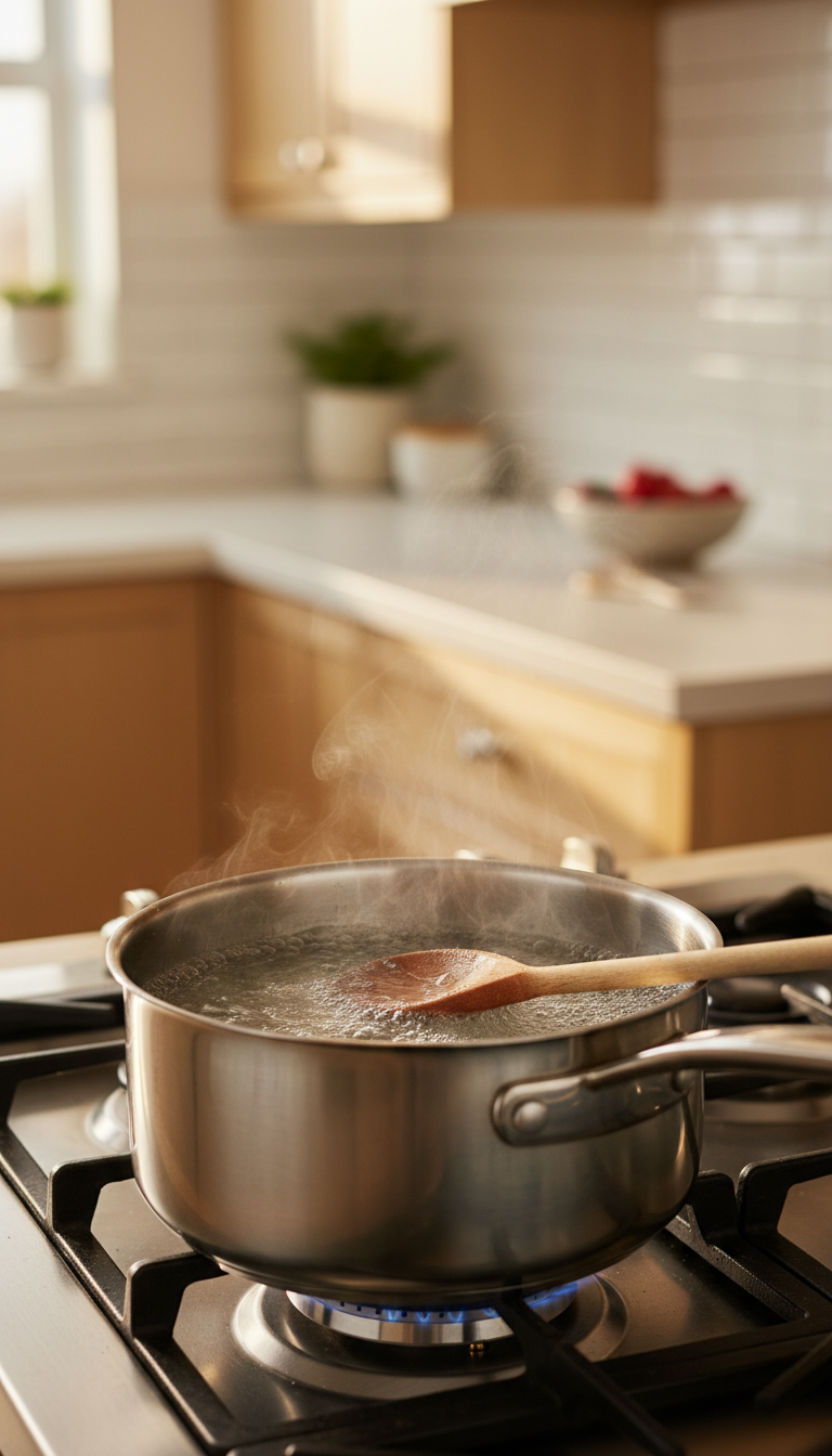 Clear simple syrup gently simmering in a stainless steel saucepan with rising steam, wooden spoon, on a gas stovetop. Golden hour light.