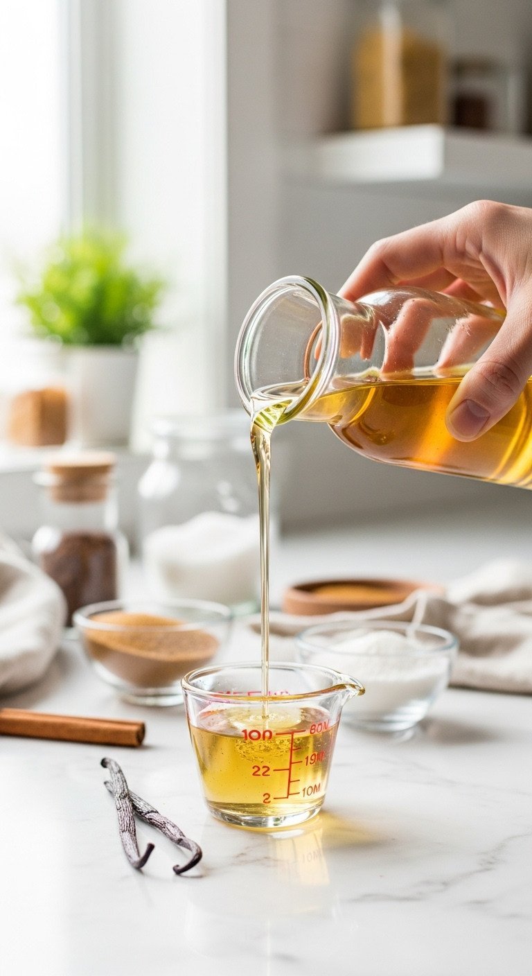 11 Iced Coffee Recipes And Secret Fixes For Watery Coffee 17 Clear simple syrup pouring into a measuring cup on white marble, with sugar, water, cinnamon, and vanilla bean.