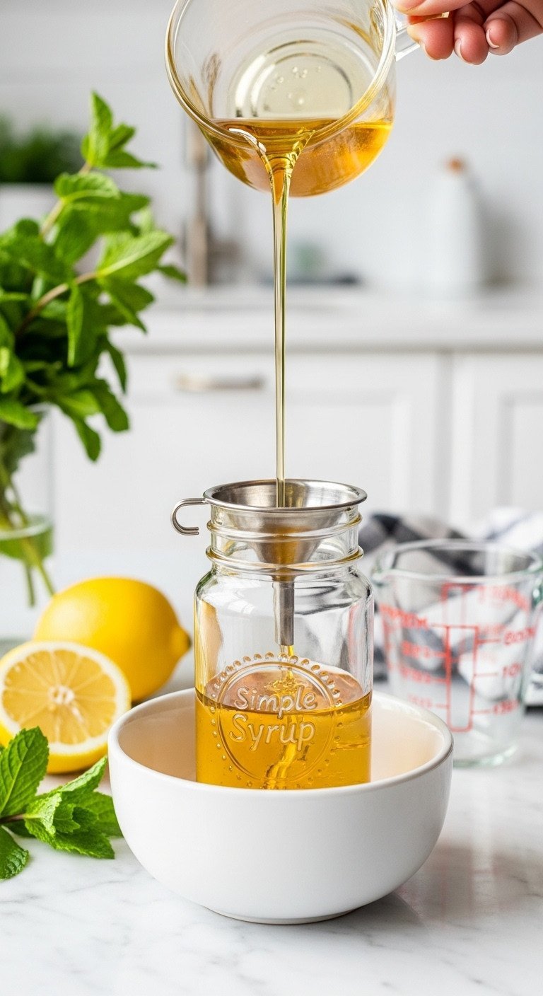 Iced Tea Recipe Secrets to Non Bitter Cold Brew Perfection 3 Clear simple syrup pours through a funnel into a glass jar, next to fresh mint and lemons on a marble counter.