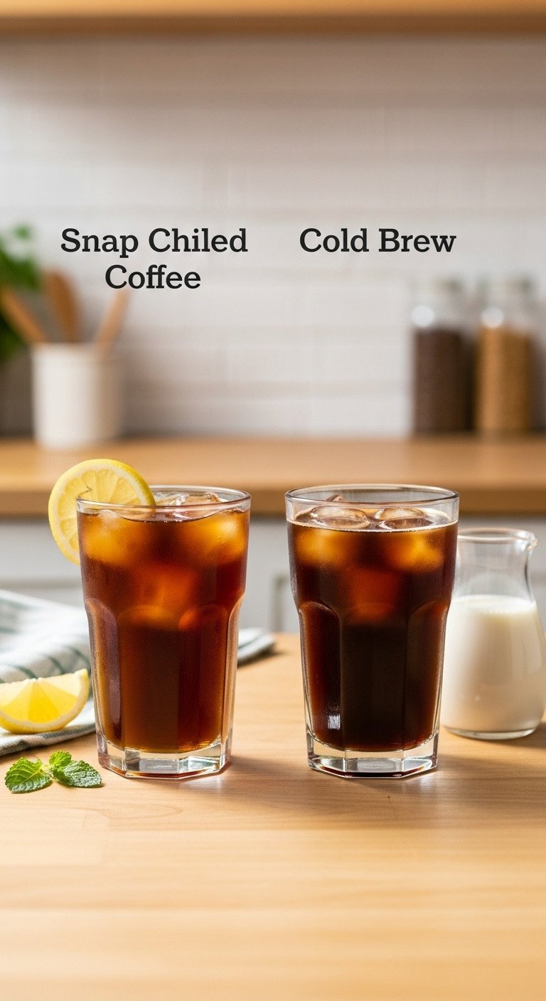 Clear snap chilled coffee vs. darker cold brew in glasses on light wood. Cozy kitchen. Beverage comparison.