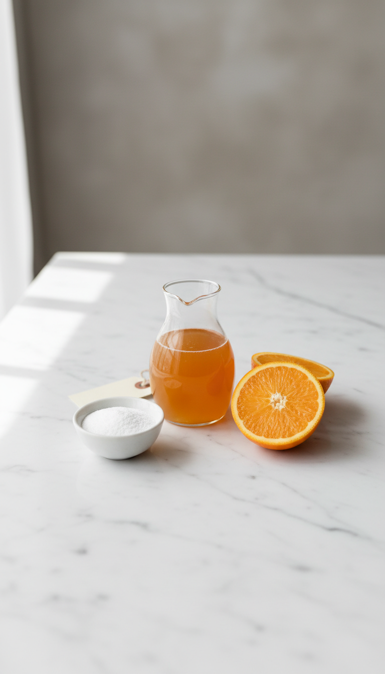 Homemade Orange Coffee Syrup: Easy Recipe for Lattes 11 Clear sugar-free orange syrup in a carafe, with stevia and a fresh orange half on white marble, under natural light.