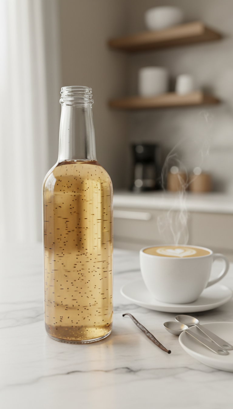 Clear sugar-free vanilla coffee syrup bottle with visible vanilla bean speckles next to a steaming latte on a marble countertop in a cozy kitchen setting.