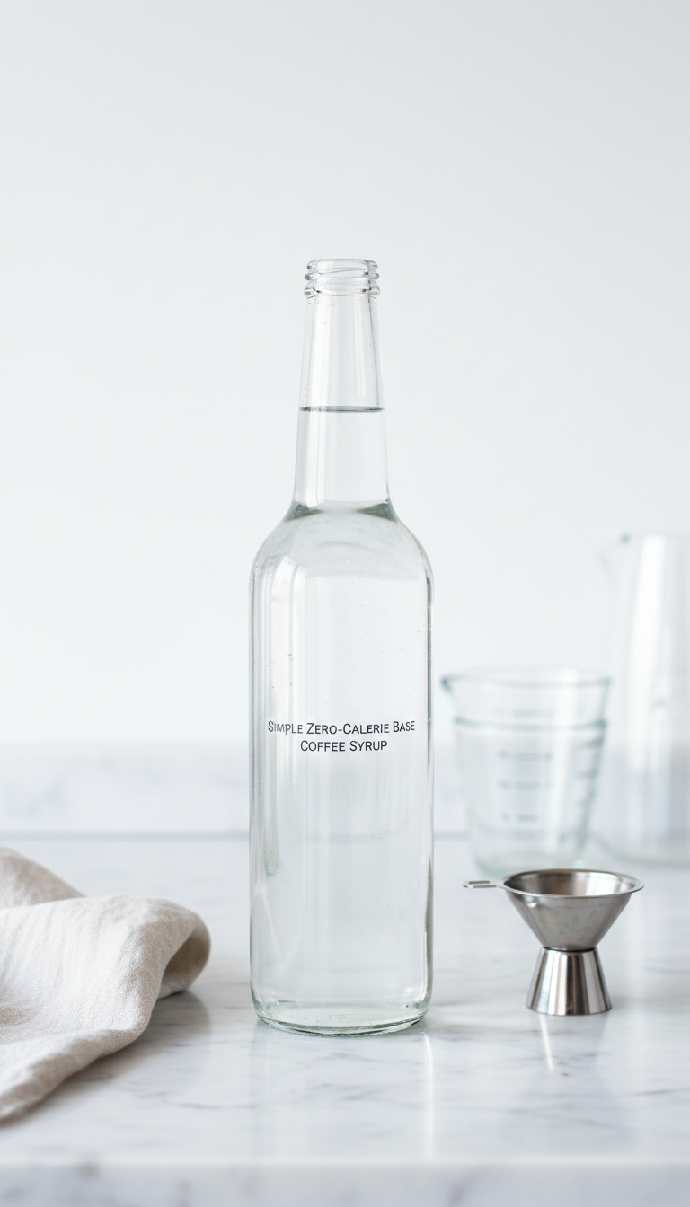 Clear zero-calorie coffee syrup in a tall glass bottle on a marble countertop with measuring cups, symbolizing purity.
