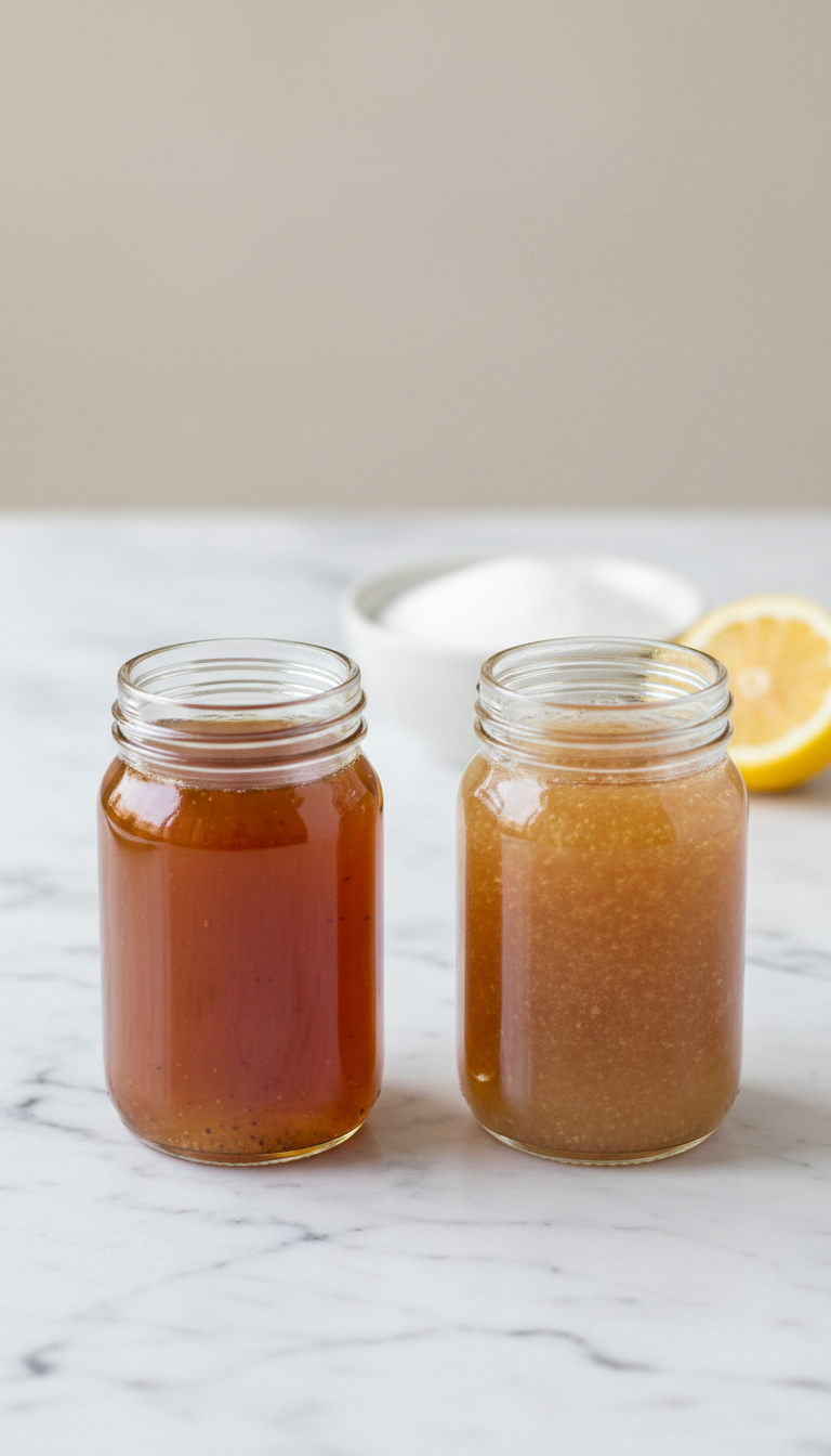 Best Homemade Gingerbread Coffee Syrup: Starbucks Copycat 17 Close-up: Two jars of gingerbread syrup, one clear and smooth, the other cloudy and crystallized, illustrating syrup quality.