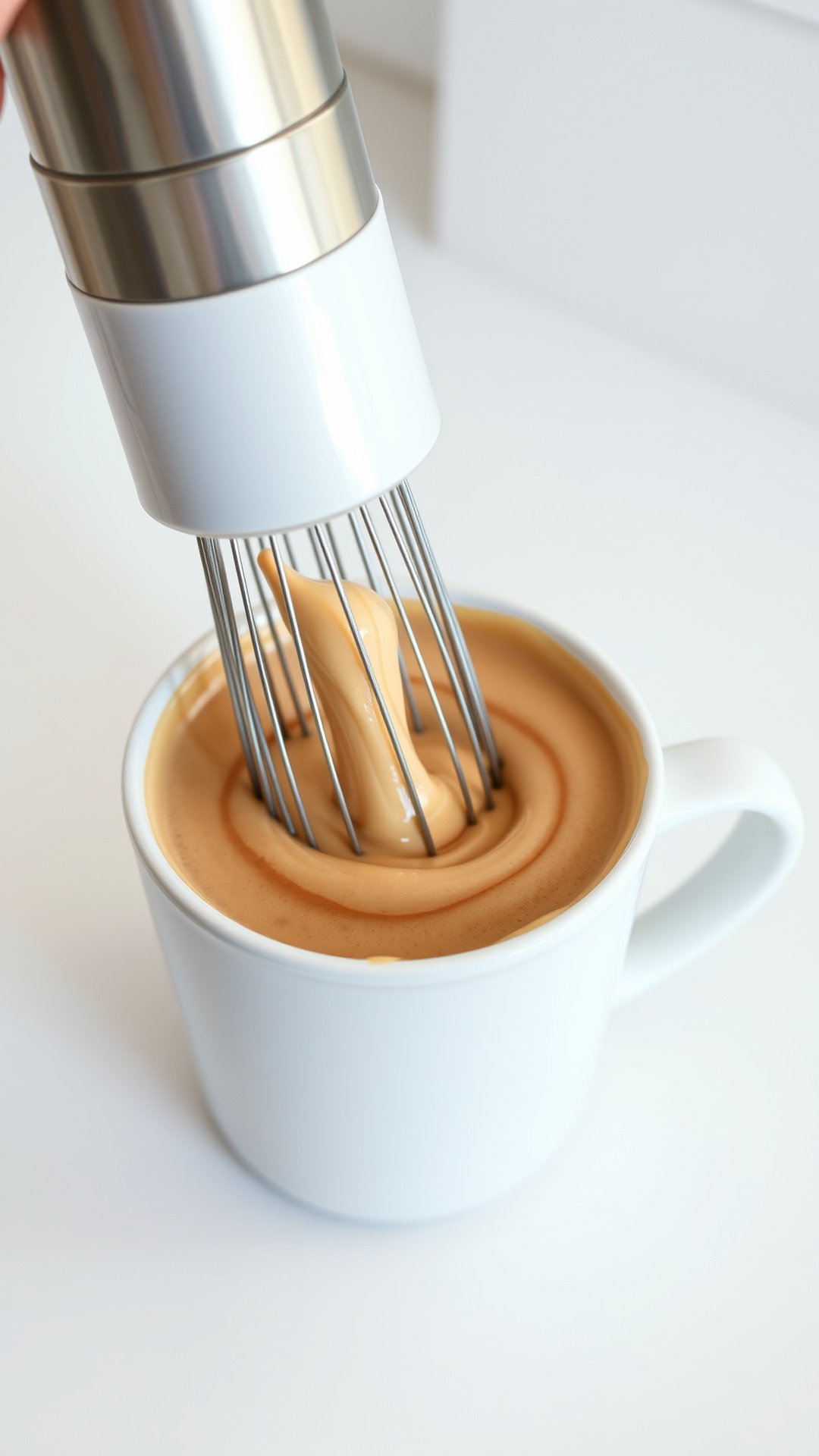 Close-up action shot of a handheld milk frother whipping a creamy protein coffee mixture into a smooth paste in a mug.