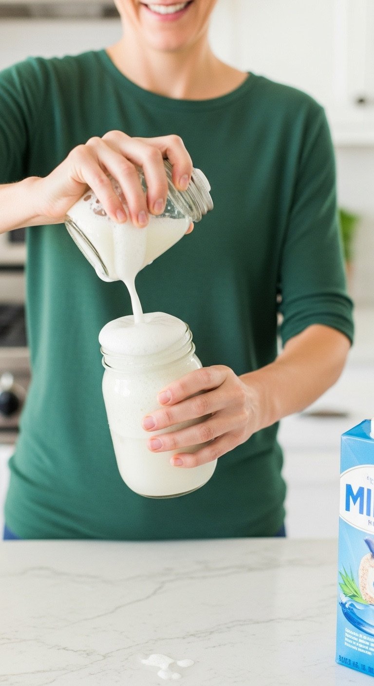 Close-up action shot of hands vigorously shaking a mason jar with a lid to create frothy milk foam for a homemade latte.