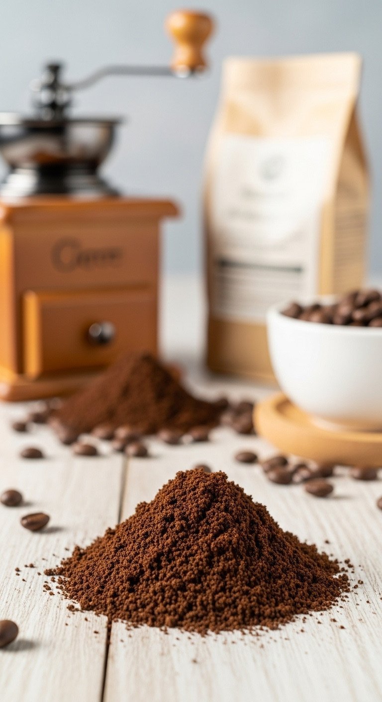 Close-up macro photo of a pile of coarse ground coffee, ideal for French press, on a light rustic wooden surface.