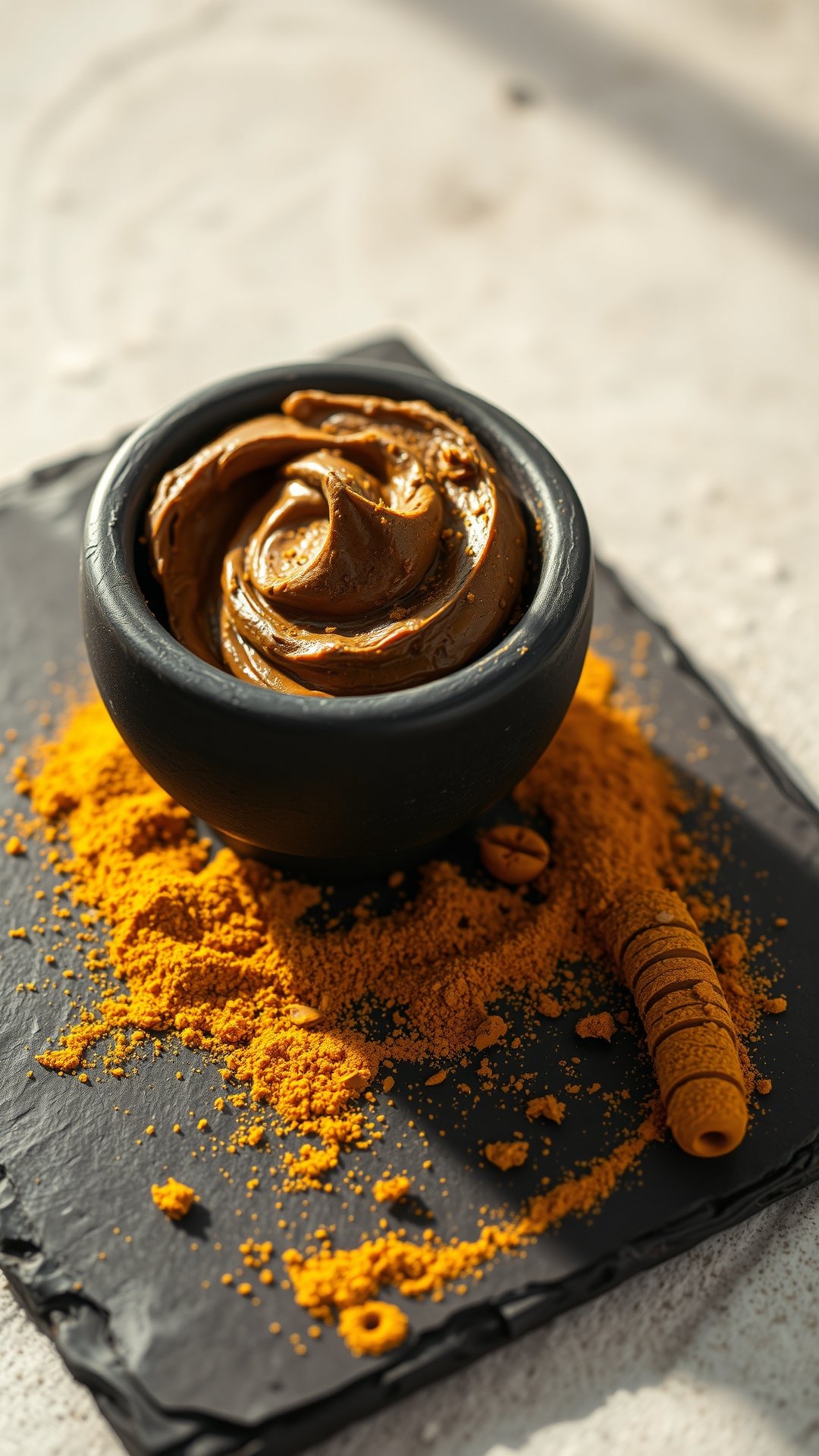 7 Coffee Face Mask Recipes For Instantly Radiant Skin 5 Close-up of a DIY coffee and turmeric face mask in a dark stone bowl, with turmeric and coffee beans on a slate surface.