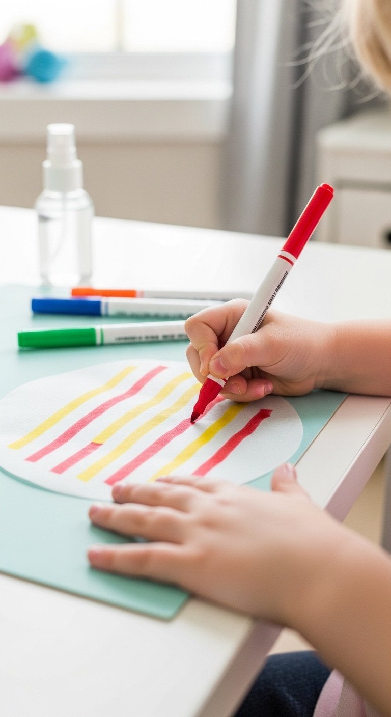 Close-up of a child's hands using a red marker to draw colorful stripes on a coffee filter for a fun DIY craft project.