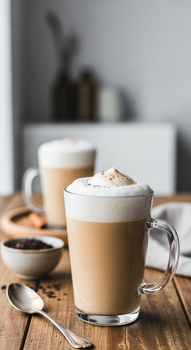 Master Earl Grey Recipes Perfect London Fog Latte at Home 1 Close-up of a cozy London Fog latte in a tall mug, topped with velvety microfoam and cinnamon dusting on a rustic wooden table.
