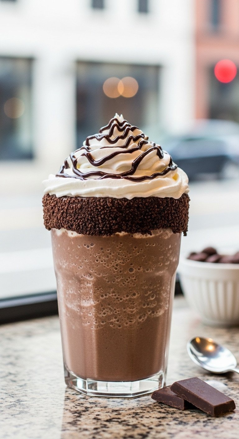 Dunkin Donuts Iced Coffee Chocolate 7 Best Order Hacks 1 Close-up of a decadent Dunkin' Cold Brew coffee with deep chocolate swirl, sweet cold foam, and glass straw on a marble counter in a coffee shop.