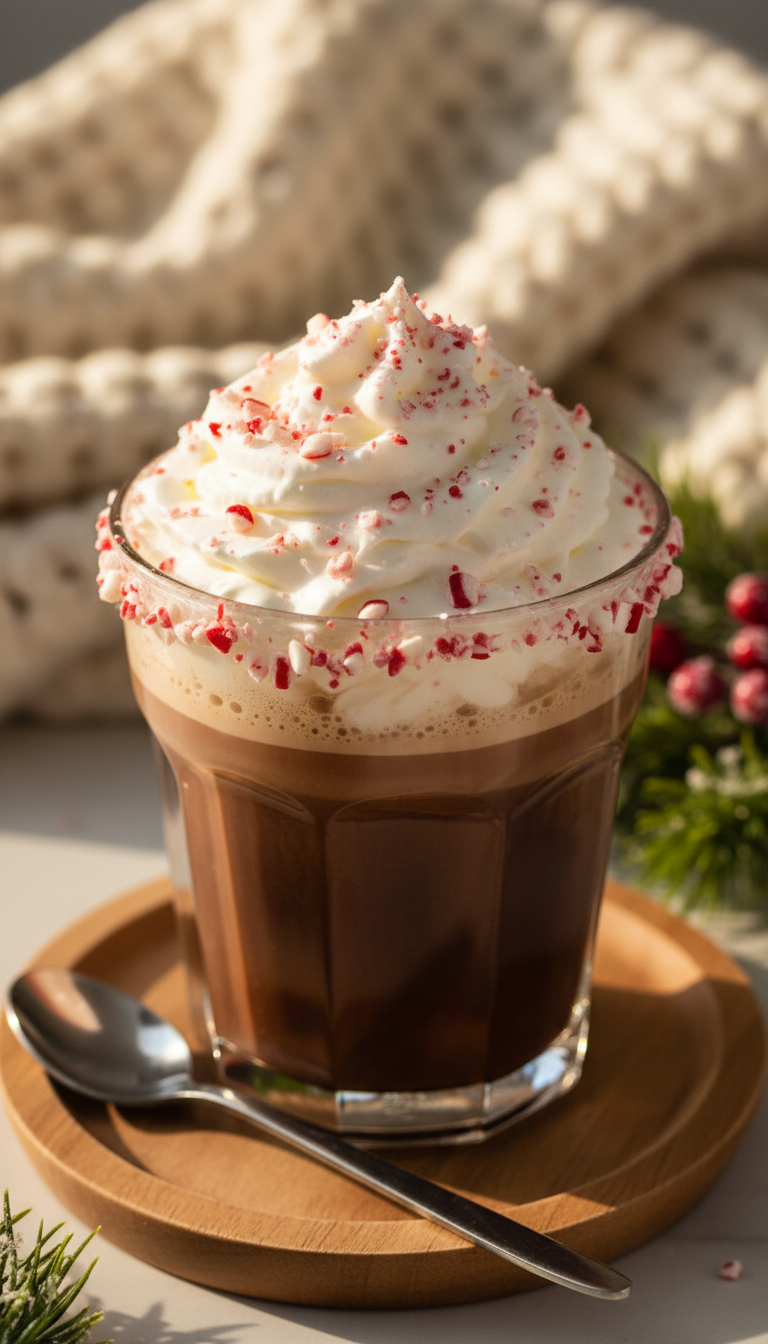 Homemade Peppermint Coffee Syrup Perfect Coffeehouse Taste 7 Close-up of a festive homemade peppermint mocha with whipped cream and crushed candy cane on a wooden coaster.