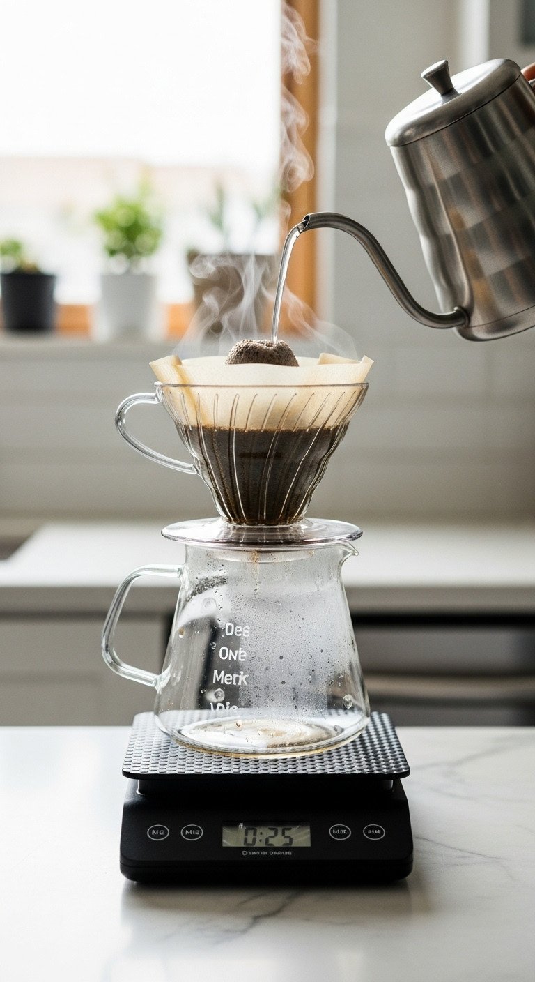 Close-up of a fresh coffee bloom in a pour-over dripper, showing wet grounds bubbling and releasing CO2 as steam rises.