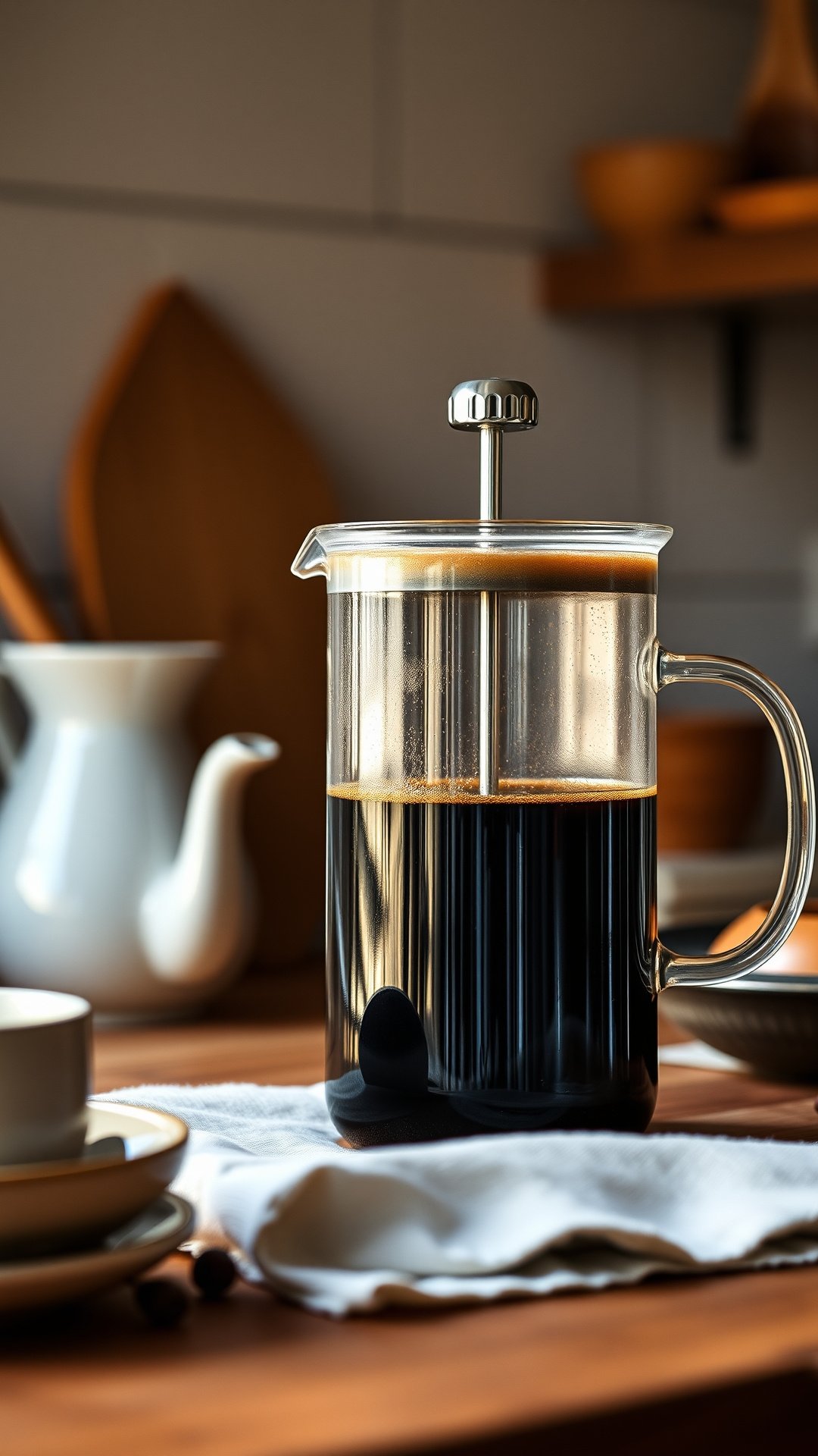 The Proven Coffee Hair Dye Recipe For A Natural Brown Tint 3 Close-up of a glass French press filled with strong black coffee on a rustic wooden table with a few coffee beans scattered.
