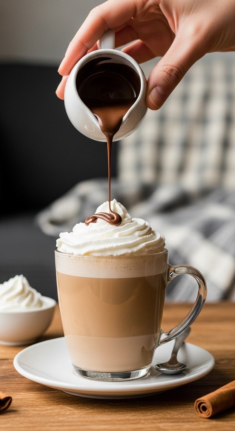 The Simple Trick For A Perfectly Creamy Nutella Latte 13 Close-up of a hand drizzling melted Nutella over whipped cream to garnish a finished latte on a rustic wooden table.