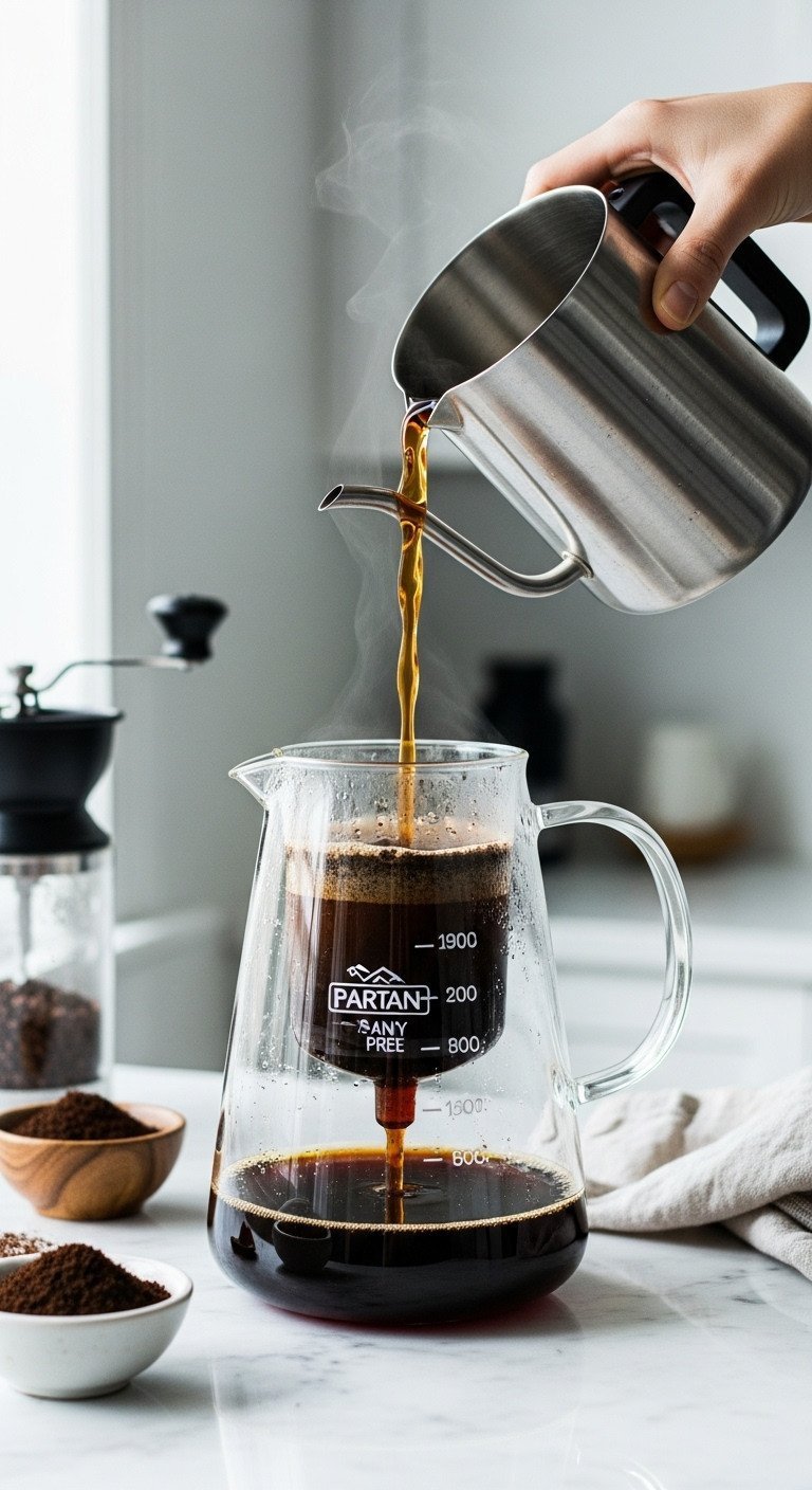 9 Genius Coffee Recipes To Master Lattes And Save Money 1 Close-up of a large glass cold brew coffee maker with ground coffee steeping on a marble countertop, showing home brewing process.