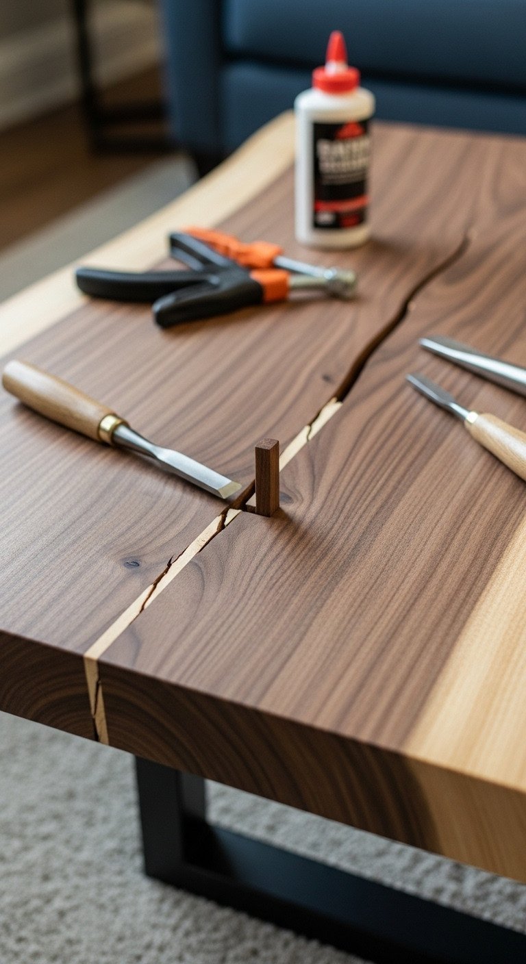 Close-up of a live edge coffee table crack repair with a contrasting butterfly joinery key, showing woodworking technique.