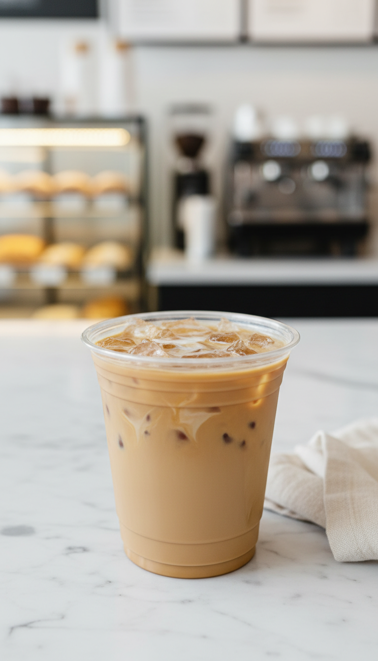 Close-up of a low-calorie Dunkin Pumpkin Iced Coffee in a clear cup with oat milk swirling, ice, on marble, bakery background. Refreshing fall drink.