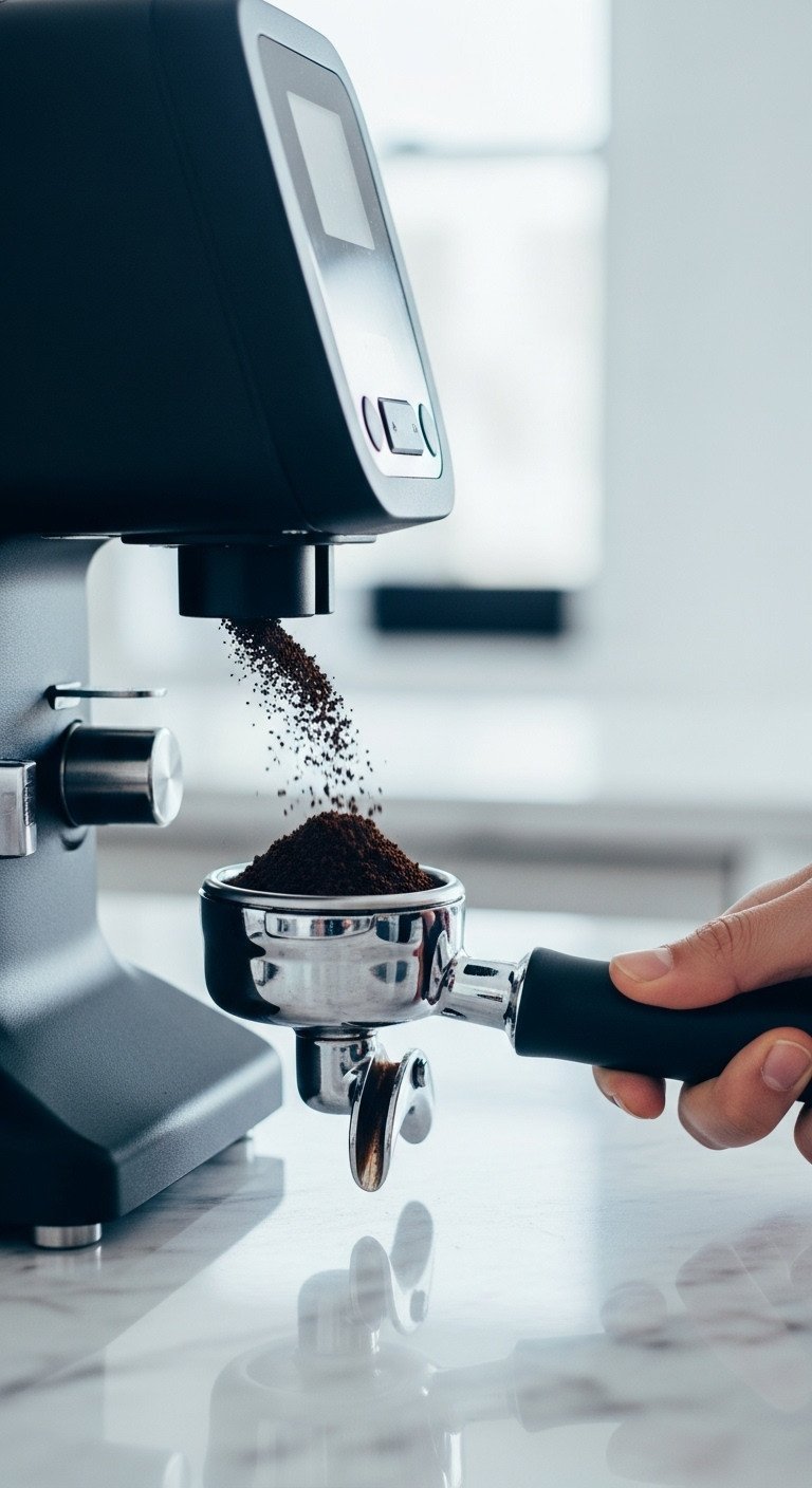 Close-up of a modern burr coffee grinder dispensing fresh, fine grounds into a portafilter on a sleek marble countertop.