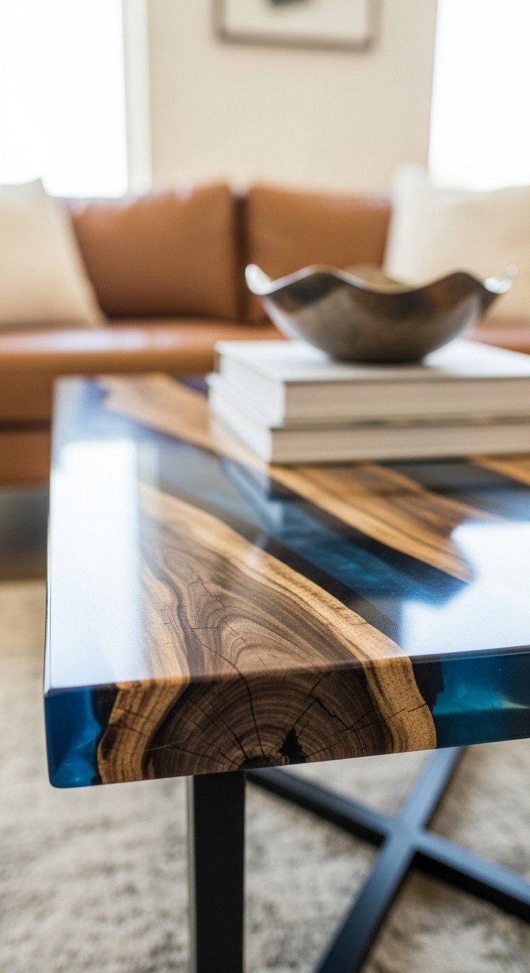 Close-up of a modern petrified wood and blue epoxy resin coffee table. Earthy textures, glossy finish, and minimalist living room decor.