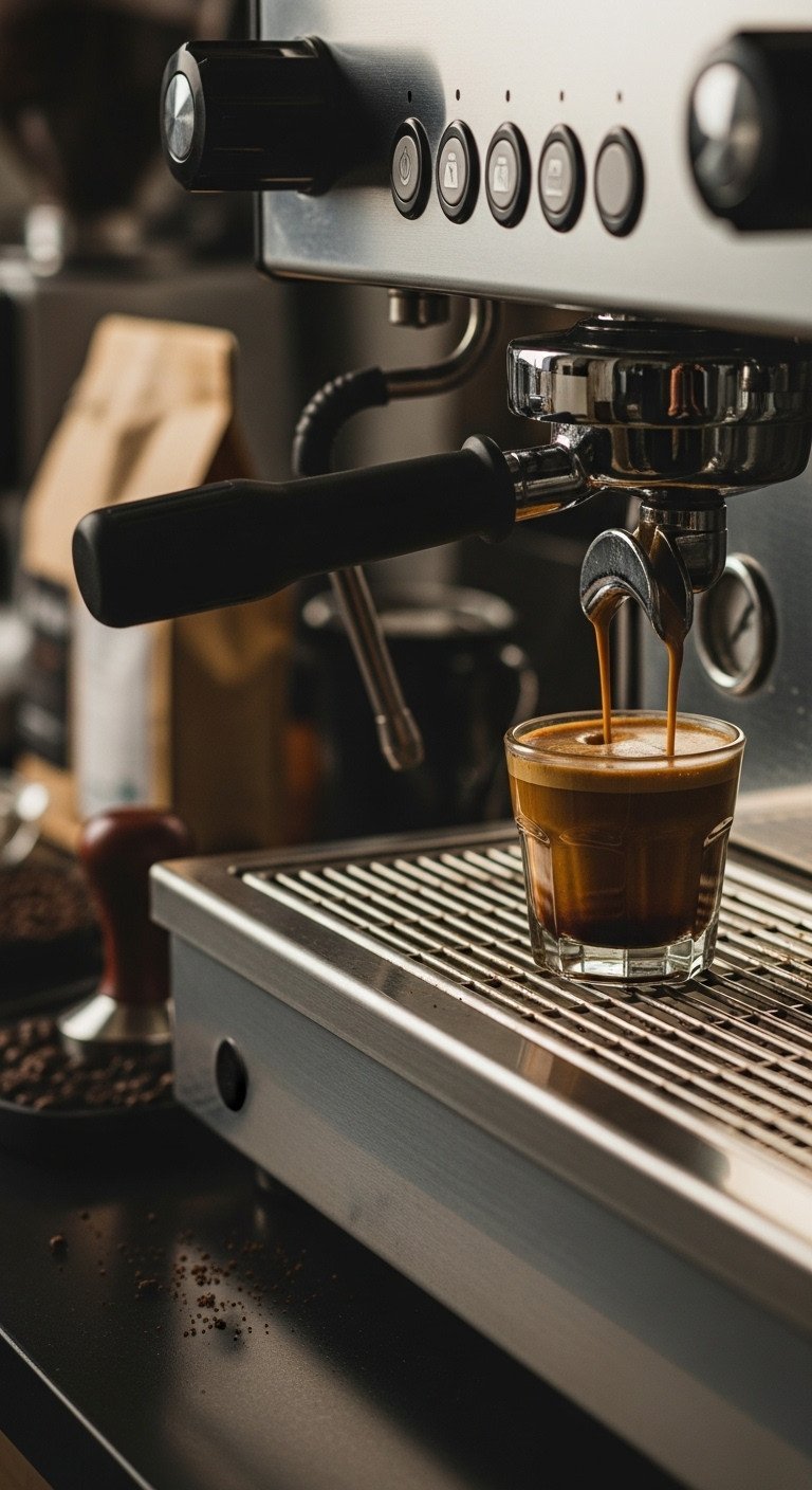 Perfectly Layered Chai Espresso Tonic Recipe You Need To Make 5 Close-up of a portafilter pulling a double shot of rich espresso with thick, hazelnut-colored crema into a glass cup.