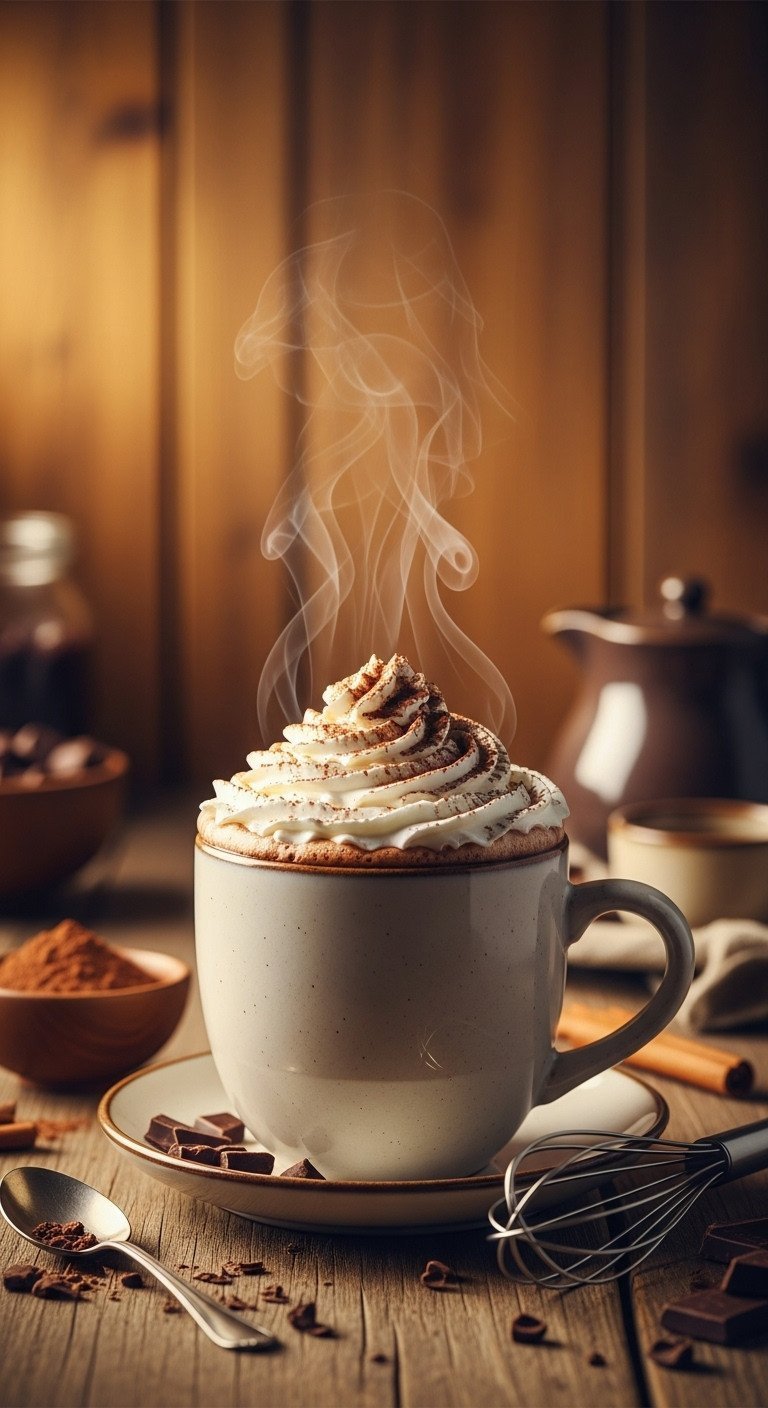9 Genius Coffee Recipes To Master Lattes And Save Money 15 Close-up of a rich hot chocolate mocha with whipped cream and cocoa powder in a ceramic mug on a rustic table.