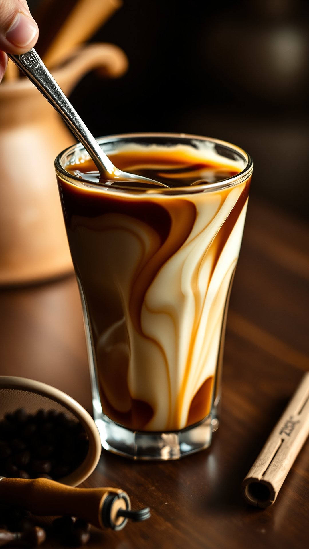 Close-up of a spoon stirring dark coffee and condensed milk, creating beautiful caramel swirls in a glass for Vietnamese coffee.