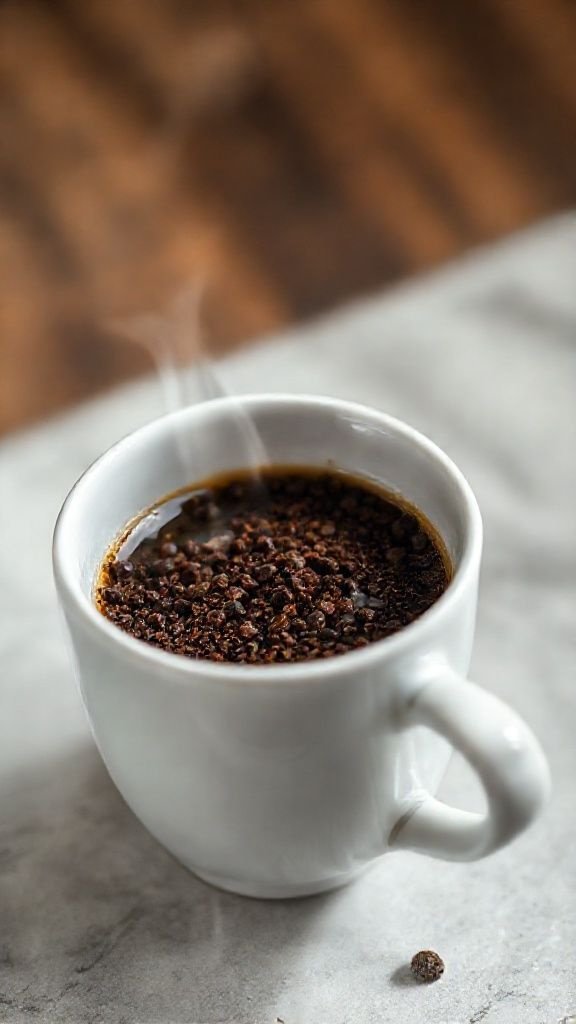 Close-up of a steaming rustic ceramic mug of creamy coffee made with milk powder, with a perfect microfoam swirl on top.