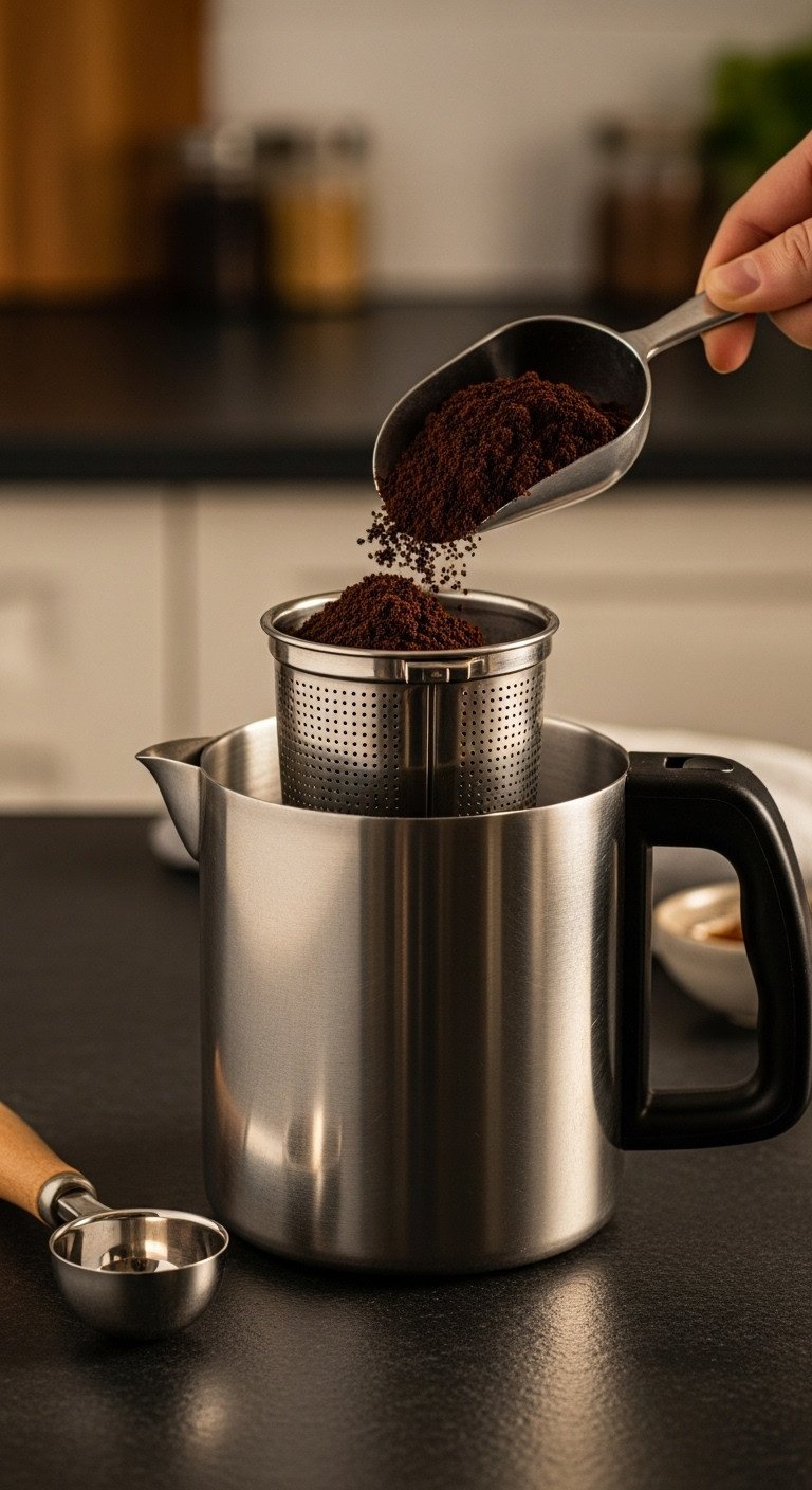 Close-up of a wooden scoop filling a stainless steel percolator coffee filter basket with coarse grounds on a slate counter.