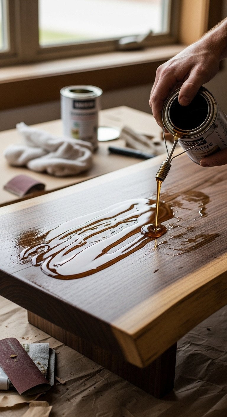 Close-up of a woodworker applying oil finish to a walnut live edge coffee table, highlighting rich grain and color.