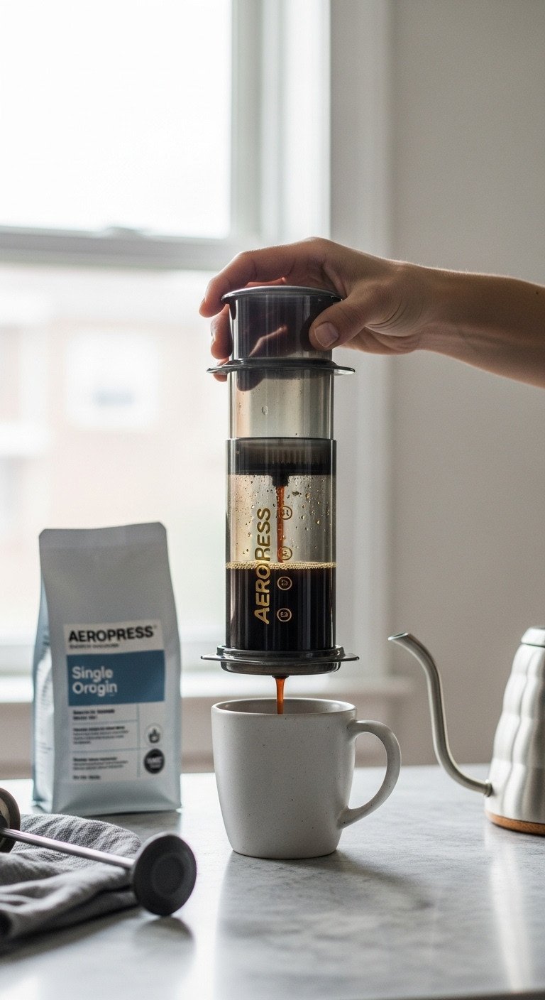 How To Make Espresso At Home That Tastes Like A Cafe 3 Close-up of an AeroPress being plunged, extracting a dark coffee concentrate into a white ceramic mug on a marble countertop.