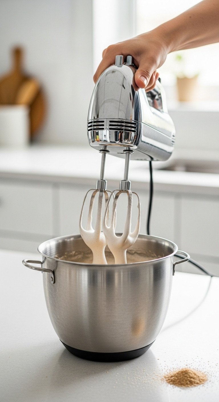 The Perfect Dalgona Coffee Recipe For Fluffy Whipped Coffee 4 Close-up of an electric hand mixer whipping instant coffee into a light, fluffy foam in a stainless steel bowl for Dalgona coffee.