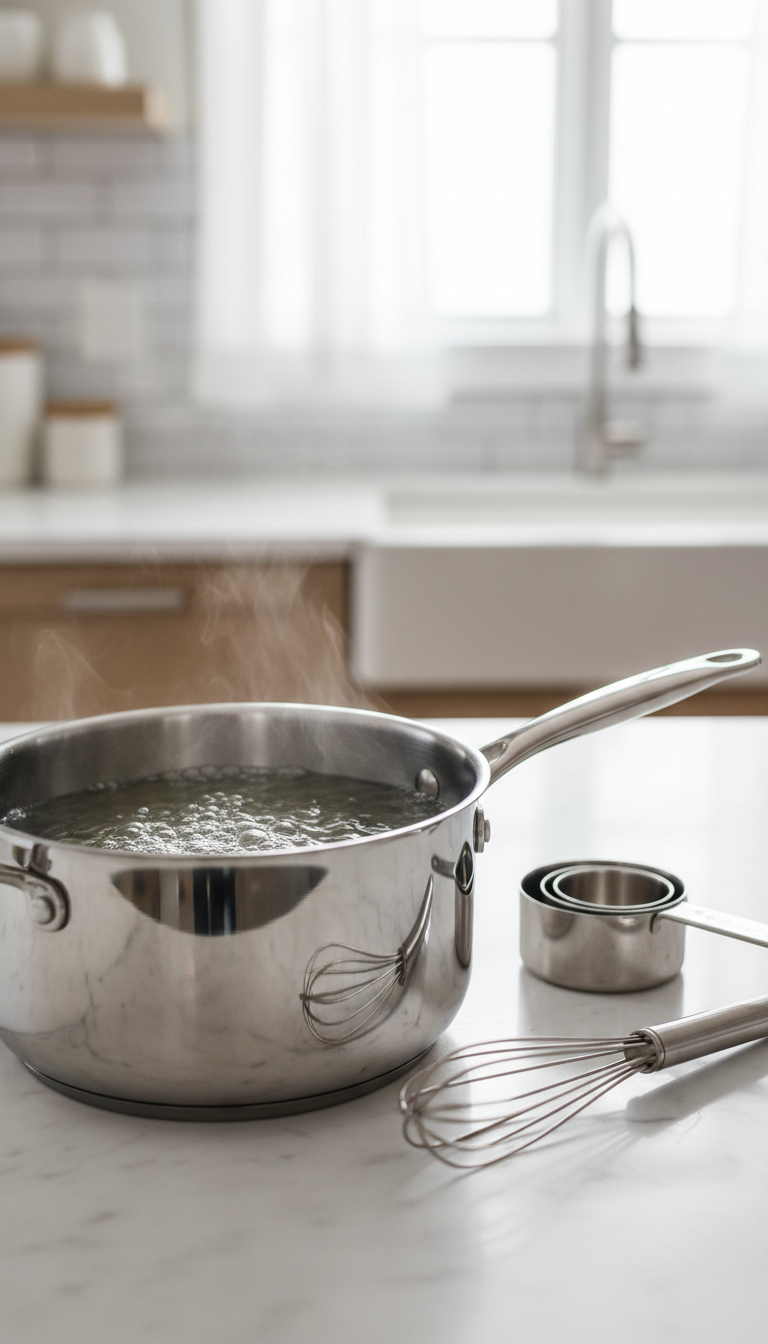 Homemade Irish Cream Coffee Syrup Without Alcohol 1 Close-up of clear simple syrup boiling gently in a stainless steel saucepan with steam, whisk and measuring cups on a marble kitchen counter.