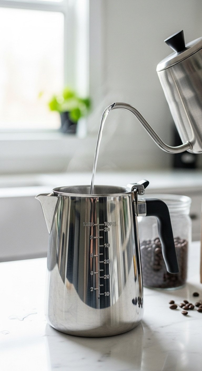 Close-up of clear water from a gooseneck kettle filling a stainless steel coffee percolator on a white marble counter.