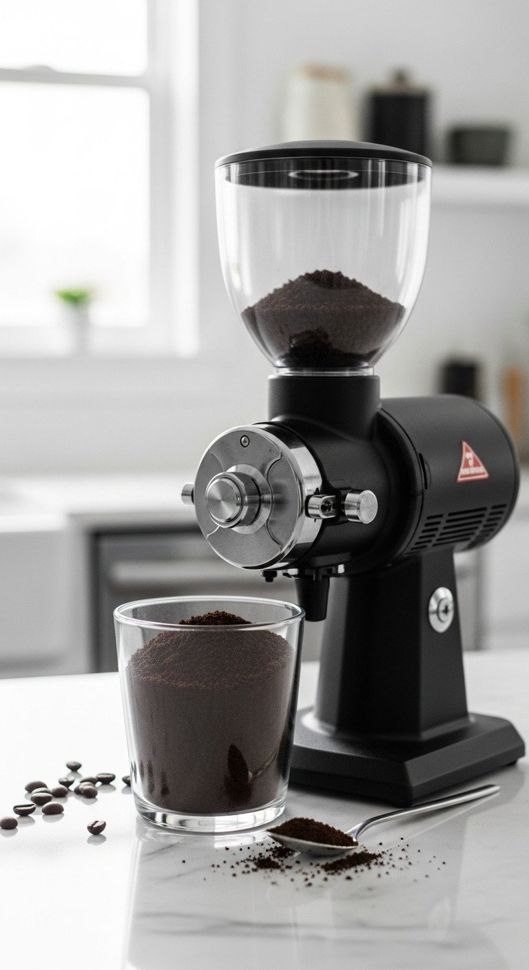 Make Perfect Cold Brew Coffee At Home Without The Mistakes 3 Close-up of coarse coffee grounds in a glass container next to a burr grinder on a modern white marble countertop.