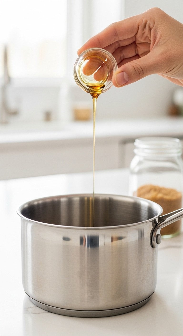 The Genius Brown Sugar Latte Recipe Iced Shaken And Hot Steamed 3 Close-up of corn syrup dropping into simmering brown sugar syrup in a stainless steel saucepan on a white countertop.