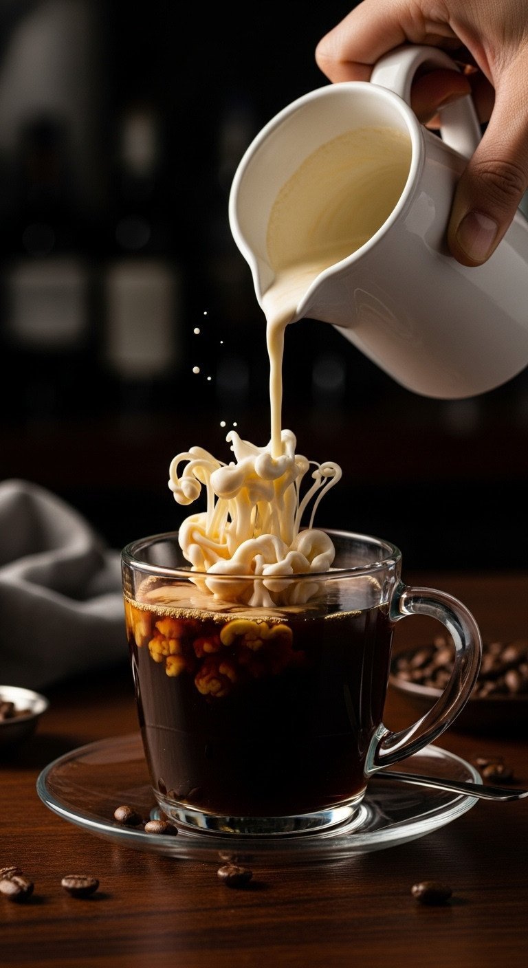 The Easiest Coffee Creamer Recipe With 11 Flavor Ideas 17 Close-up of creamy coffee creamer being poured into dark coffee, creating a beautiful layered effect in a glass mug.