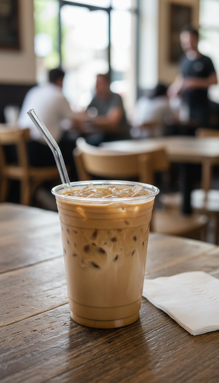 Close-up of creamy vanilla iced coffee with ice layers in a clear cup on a rustic wooden table, blurred coffee shop background. Refreshing drink.