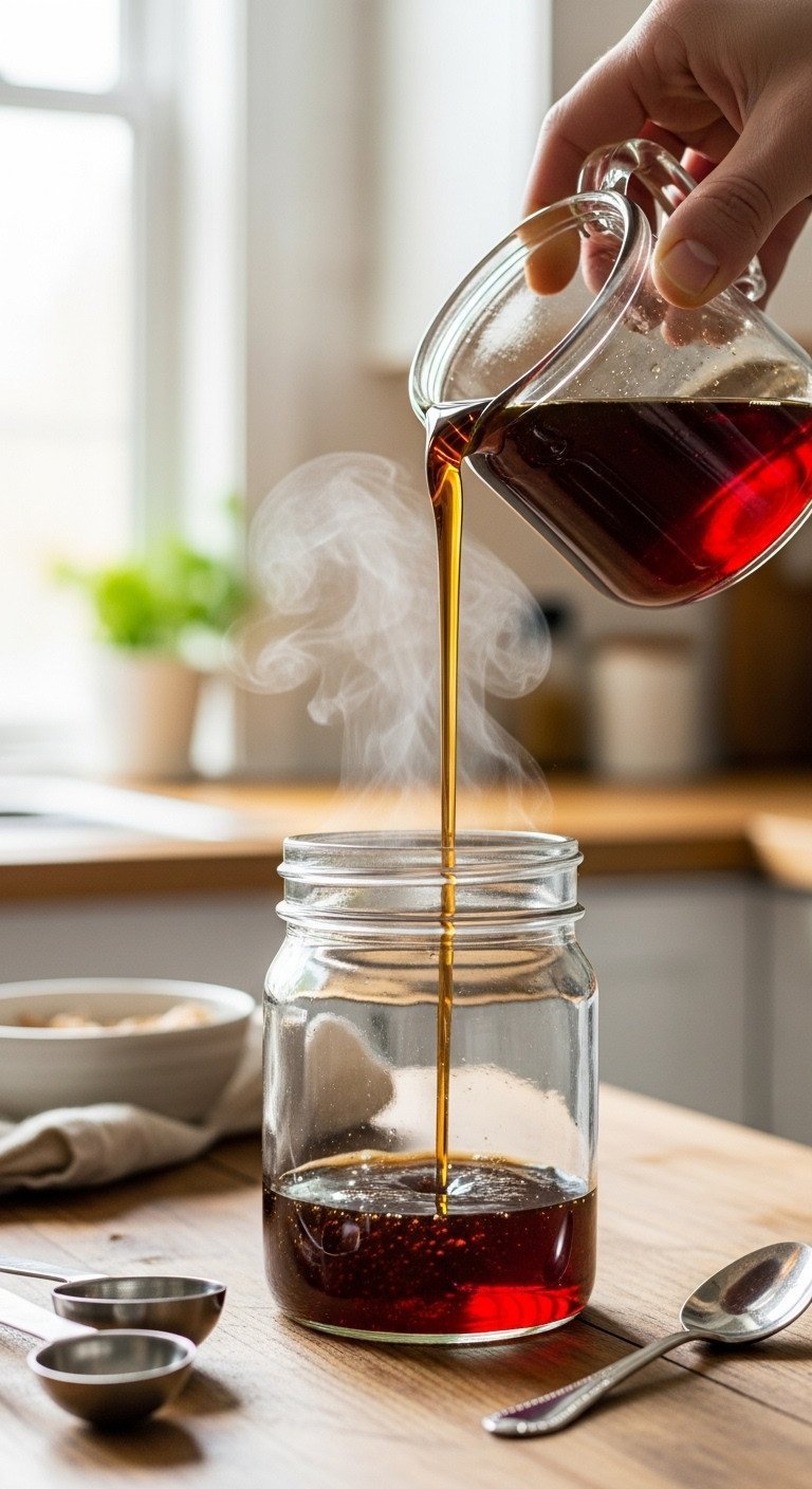 Brown Sugar Coffee: Easy Homemade Shaken Espresso Recipe 1 Close-up of dark amber brown sugar simple syrup slowly pouring into a clear glass jar on a rustic wooden table in a warm kitchen.