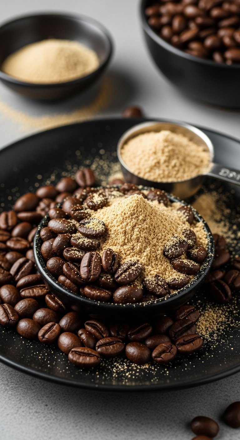 Close-up of dark roast coffee beans mixed with fine mushroom powder and a scoop on a black plate. High-quality raw ingredients.